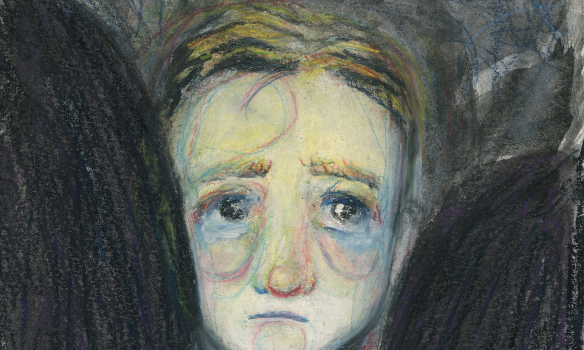 An illustration of a young, white boy behind blacked out shoulders. The background is filled with what appears to be dark outlines of people. The boy’s hair is blonde, and his eyes look to the right. His face is a mix of sadness, concern, and alertness.
