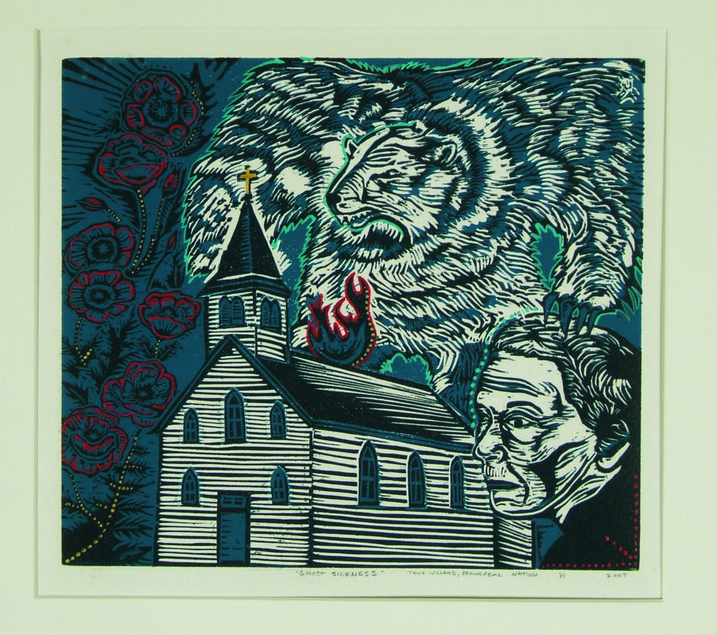 Print of a church in the centre with flames on the roof, flowers towering on the left side above the church and a serious figure on the right. A bear with its mouth open looms in the sky above everything.