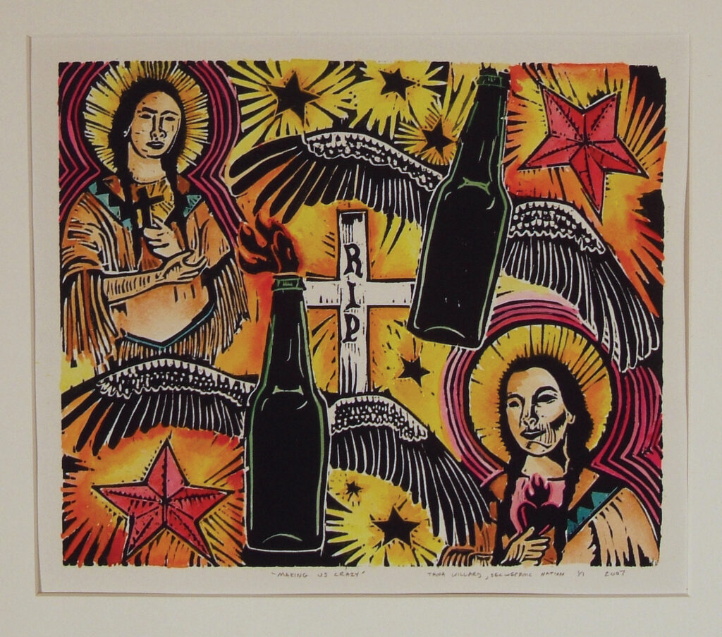 multi-coloured print with religious symbols, gravemarker, bootles, wings and stars