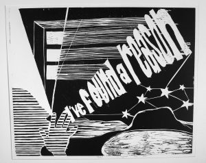 Print of a lined figure with their hand beside their mouth looks to be shouting "I've found a reason". Abstracted stars and terrain lie below the large text.