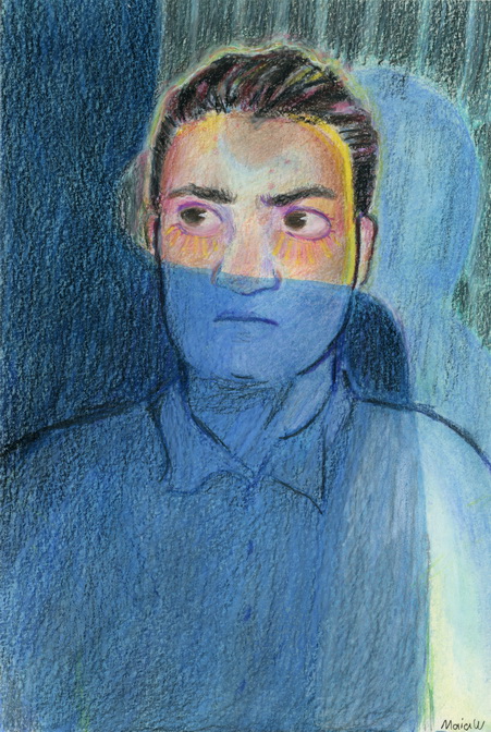 A portrait of a tanned skin boy slightly obscured by the shadow of a person. He looks at the shadow to the left. The background is striped black and blue. 