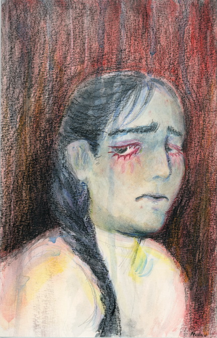 An illustration of a white girl with a long black braid. She is wearing a white top, and her gaze is cast down. The background is a mix of red and black stripes. The girl appears mournful. 
