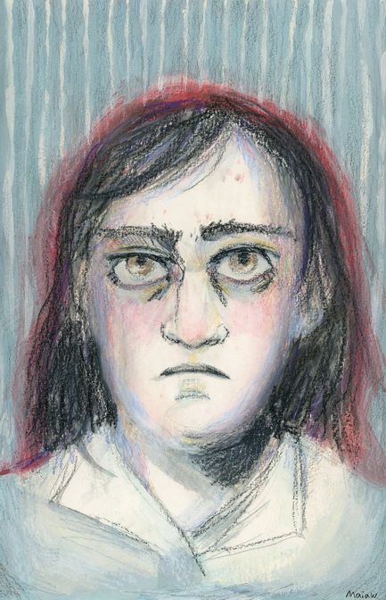 An illustration of a girl with shoulder length black hair that is outlined in red. The background is stripes of blue and white. The girl looks straight on and has a downturned mouth. Her eyes are sad yet knowing. Her cheeks are flushed pink.